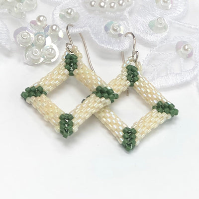 Fayes jewelry designs earrings Color Teal blue and ivory Seedbeads  square diagonal earrings