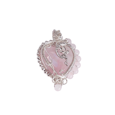 Fayes jewelry designs Pendant Heart with 925 silver surround  pendant rose pink beads attached angle charm attached to top of heart necklace Rose quartz heart pendant