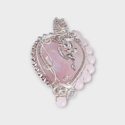 Fayes jewelry designs Pendant Heart with 925 silver surround  pendant rose pink beads attached angle charm attached to top of heart necklace Rose quartz heart pendant