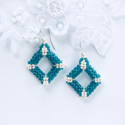 Fayes jewelry designs Teal blue and ivory Seedbeads  square diagonal earrings